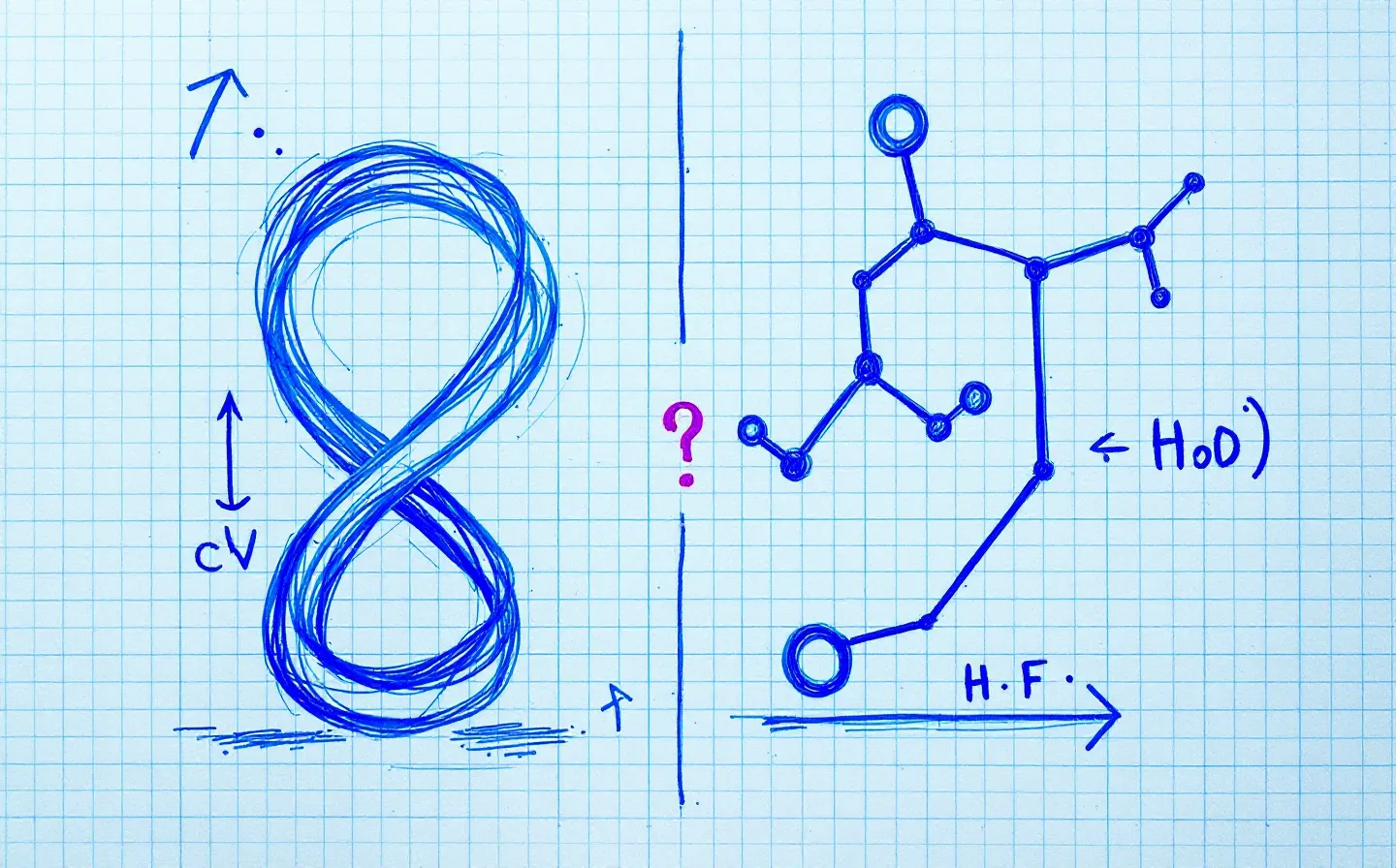 A hand-drawn notebook doodle of two abstract peptide emblems with doodle arrows converging on a central repair node, in wobbly ink-blue pen on cool graph paper